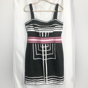 Karen Millen Size 12 Dress Contemporary Zip Bow Back Retro Pink White Black Chic